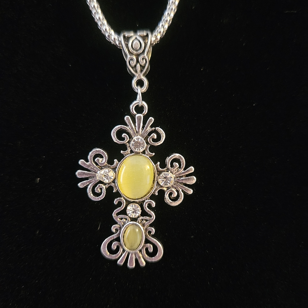 Yellow Cabochon Cross Pendant Necklace - Women Jewelry Boutique Custome New